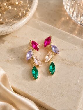 Fantasy Multi-Color Crystal Drop Earrings - Gold Tone